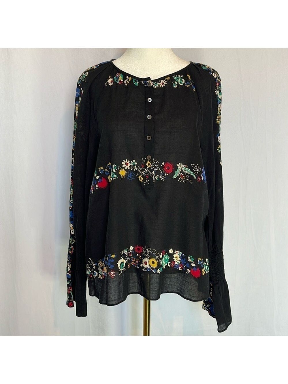 Derek Lam Floral Button Front Blouse Sz 6 Black Long Bell Sleeve Boho Sheer EUC